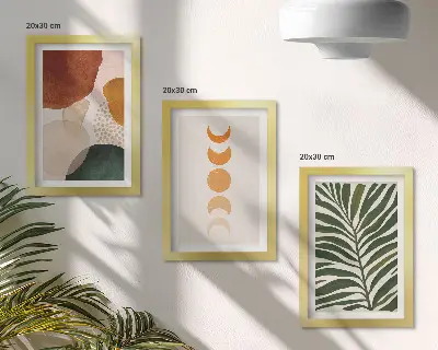 Abstract shapes and leaves triptych in warm colors
