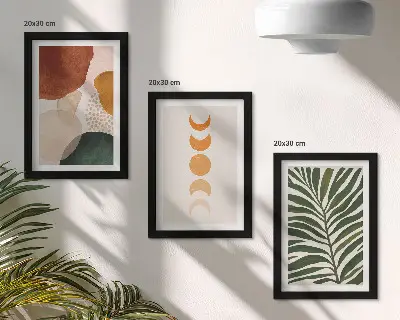 Abstract shapes and leaves triptych in warm colors