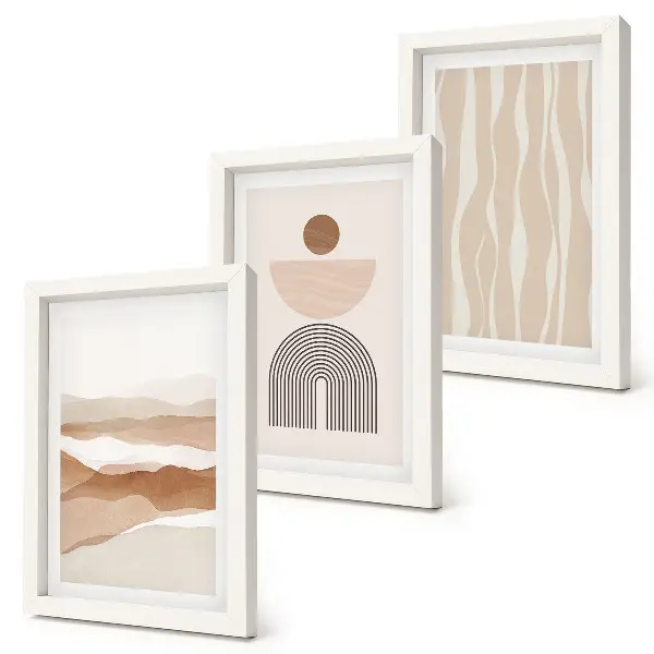 Photo frame wall with abstract landscape featuring natural shapes and geometry