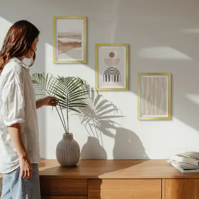 Photo frame wall with abstract landscape featuring natural shapes and geometry