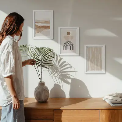 Photo frame wall with abstract landscape featuring natural shapes and geometry