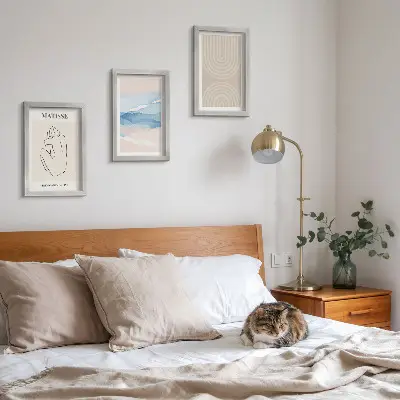 Photo frame wall with lines and waves in pastel shades and a minimalist accent