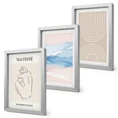 Photo frame wall with lines and waves in pastel shades and a minimalist accent