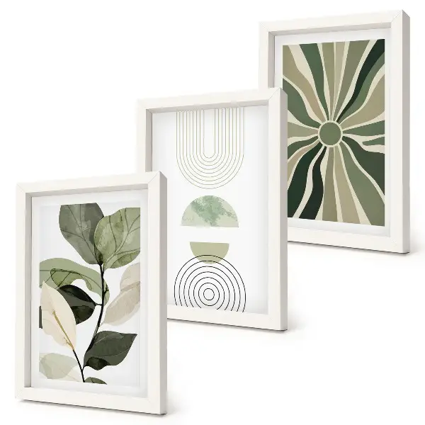 3-piece wall art set with green plant motifs and geometric shapes