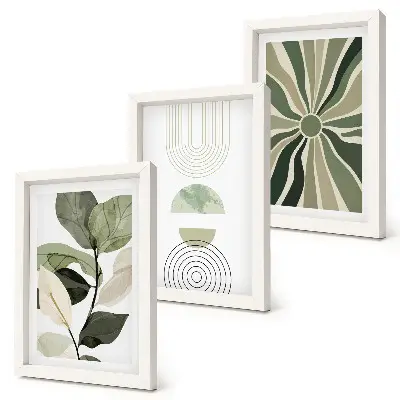 3-piece wall art set with green plant motifs and geometric shapes