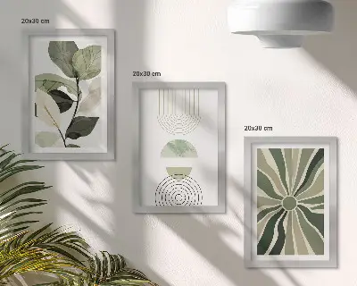 3-piece wall art set with green plant motifs and geometric shapes