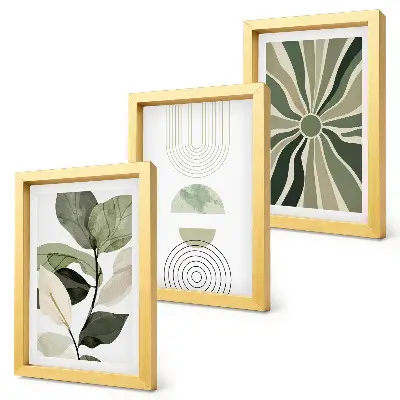 3-piece wall art set with green plant motifs and geometric shapes