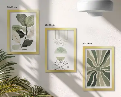 3-piece wall art set with green plant motifs and geometric shapes