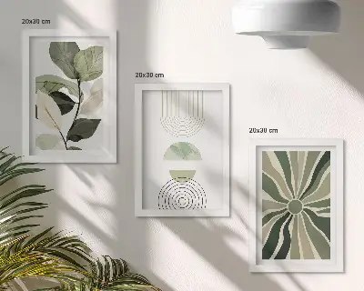 3-piece wall art set with green plant motifs and geometric shapes