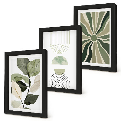 3-piece wall art set Plant motifs with geometric shapes in green