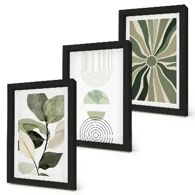 3-piece wall art set with green plant motifs and geometric shapes