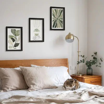 3-piece wall art set with green plant motifs and geometric shapes