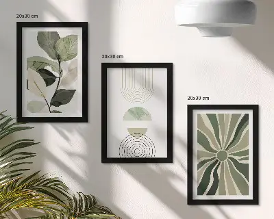 3-piece wall art set with green plant motifs and geometric shapes