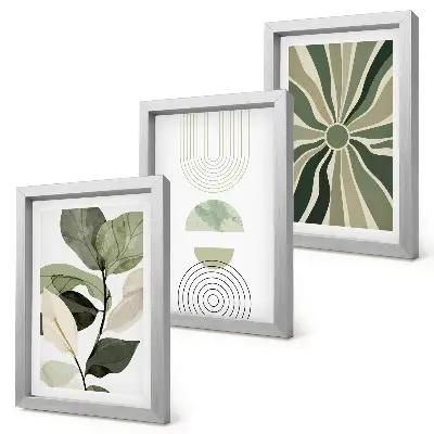 3-piece wall art set with green plant motifs and geometric shapes