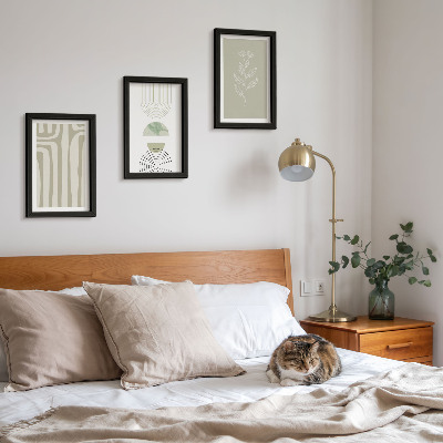 Photo frame wall Geometric patterns with plant accents in shades of green