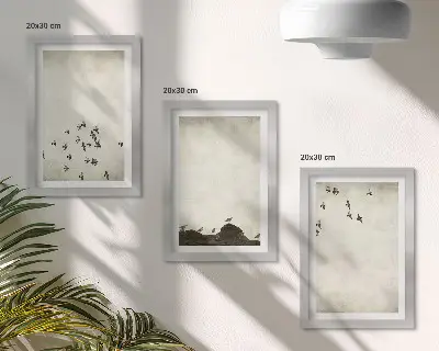Birds in flight minimalist painting framed triptych