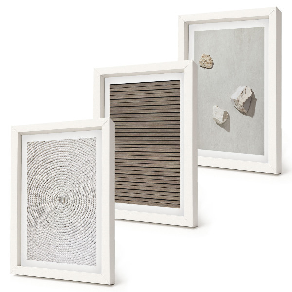 Framed triptych Natural textures wood stones rope