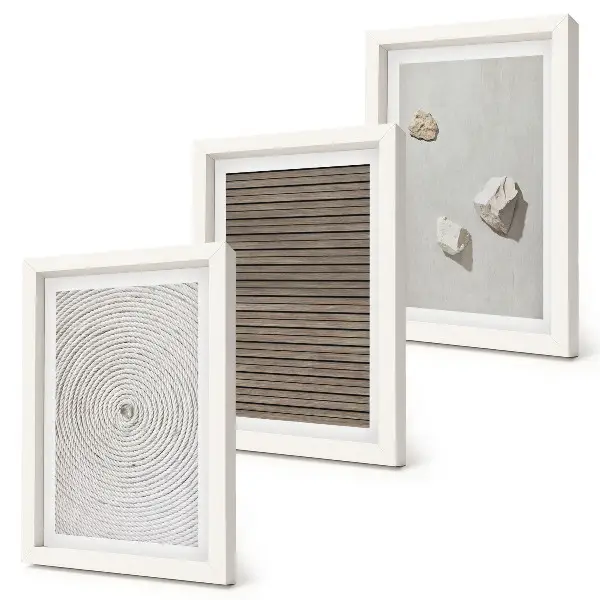 Framed triptych wall art natural wood stones and rope textures
