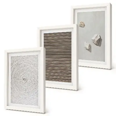 Framed triptych wall art natural wood stones and rope textures