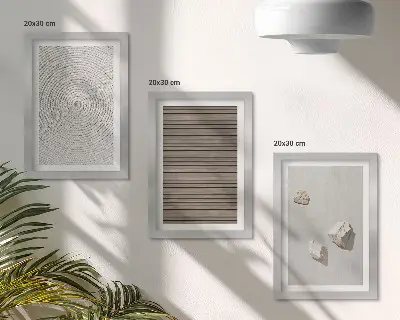 Framed triptych wall art natural wood stones and rope textures