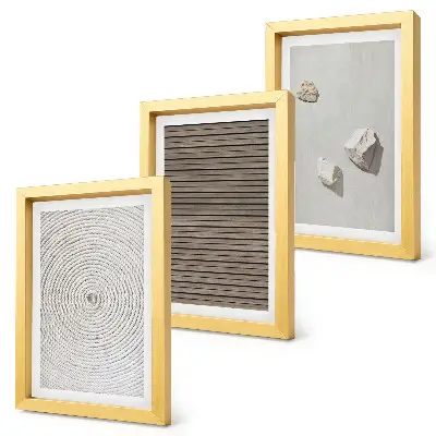 Framed triptych wall art natural wood stones and rope textures