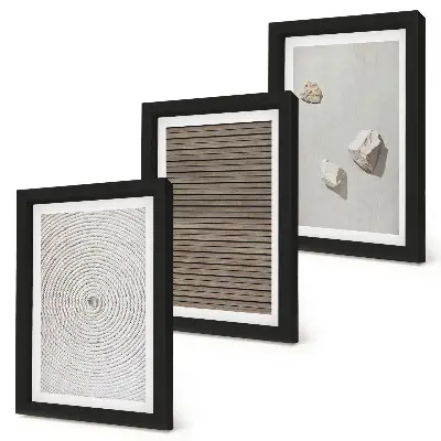 Framed triptych wall art natural wood stones and rope textures