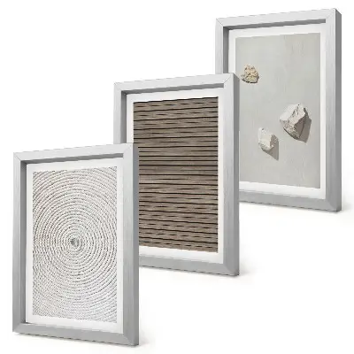 Framed triptych wall art natural wood stones and rope textures
