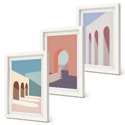 Photo frame wall with pastel minimalist urban architecture graphics