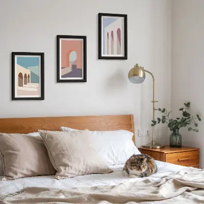 Photo frame wall with pastel minimalist urban architecture graphics