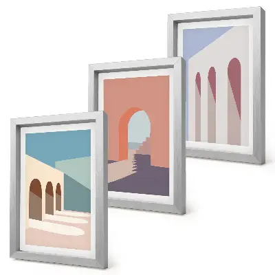 Photo frame wall with pastel minimalist urban architecture graphics