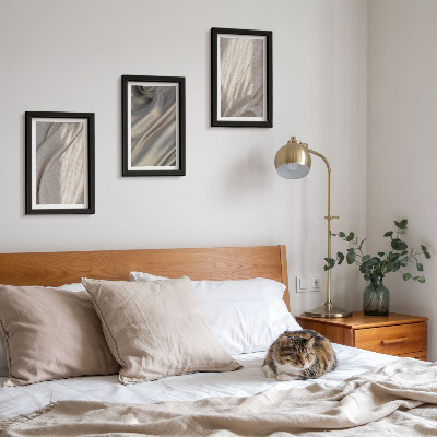 3-piece wall art set Close-up of natural fabric structures in boho style