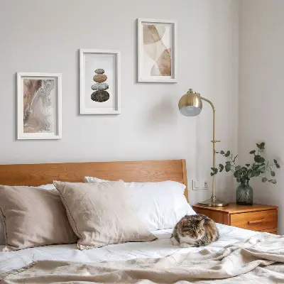 Abstract shapes painted structures framed triptych in pastel colors