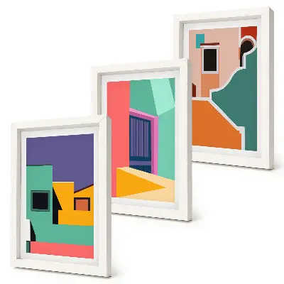 Photo frame wall with colorful city illustrations in a modern style
