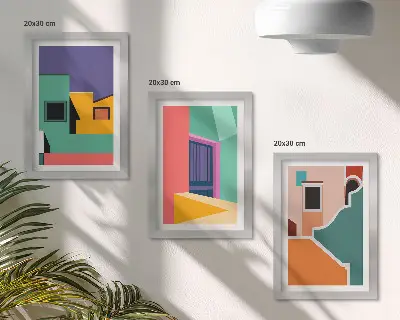 Photo frame wall with colorful city illustrations in a modern style