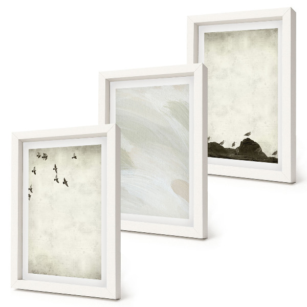 Framed triptych Birds, rocks, and brush strokes minimalist decorations