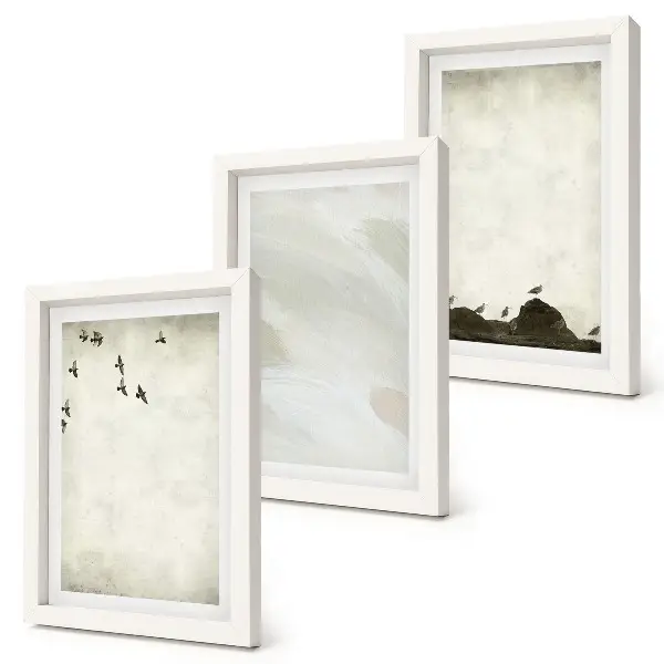 Minimalist birds, rocks, and brush strokes wall art framed triptych set