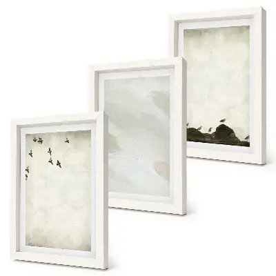 Minimalist birds, rocks, and brush strokes wall art framed triptych set