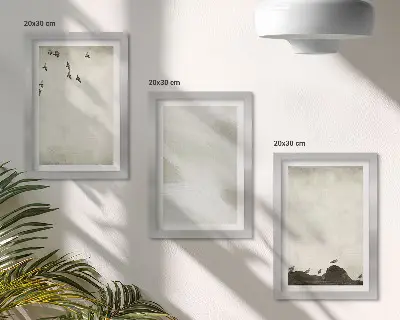 Minimalist birds, rocks, and brush strokes wall art framed triptych set