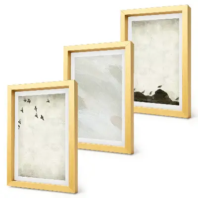 Minimalist birds, rocks, and brush strokes wall art framed triptych set