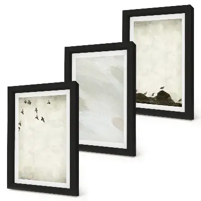 Minimalist birds, rocks, and brush strokes wall art framed triptych set