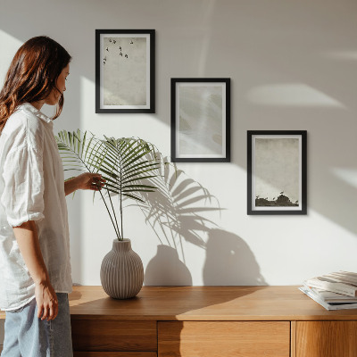 Framed triptych Birds, rocks, and brush strokes minimalist decorations