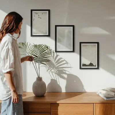 Minimalist birds, rocks, and brush strokes wall art framed triptych set