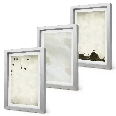 Minimalist birds, rocks, and brush strokes wall art framed triptych set