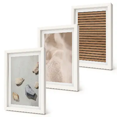 Framed triptych stones, wood, and fabric with various textures