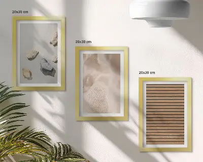 Framed triptych stones, wood, and fabric with various textures