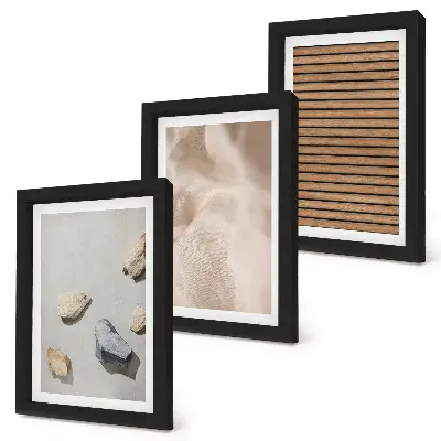 Framed triptych stones, wood, and fabric with various textures