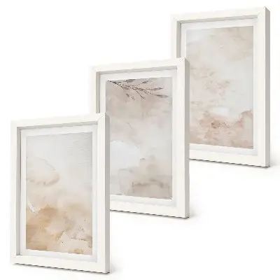 Photo frame wall with watercolor spots and leaves in pastel colors