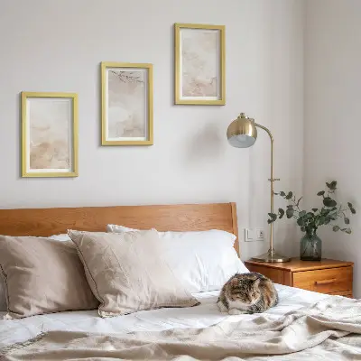 Photo frame wall with watercolor spots and leaves in pastel colors
