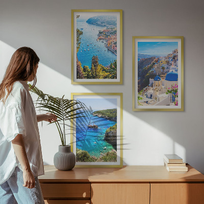 Three-piece wall art piece Greek views of Santorini Oia
