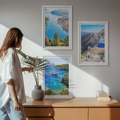 Three-piece wall art piece Greek views of Santorini Oia